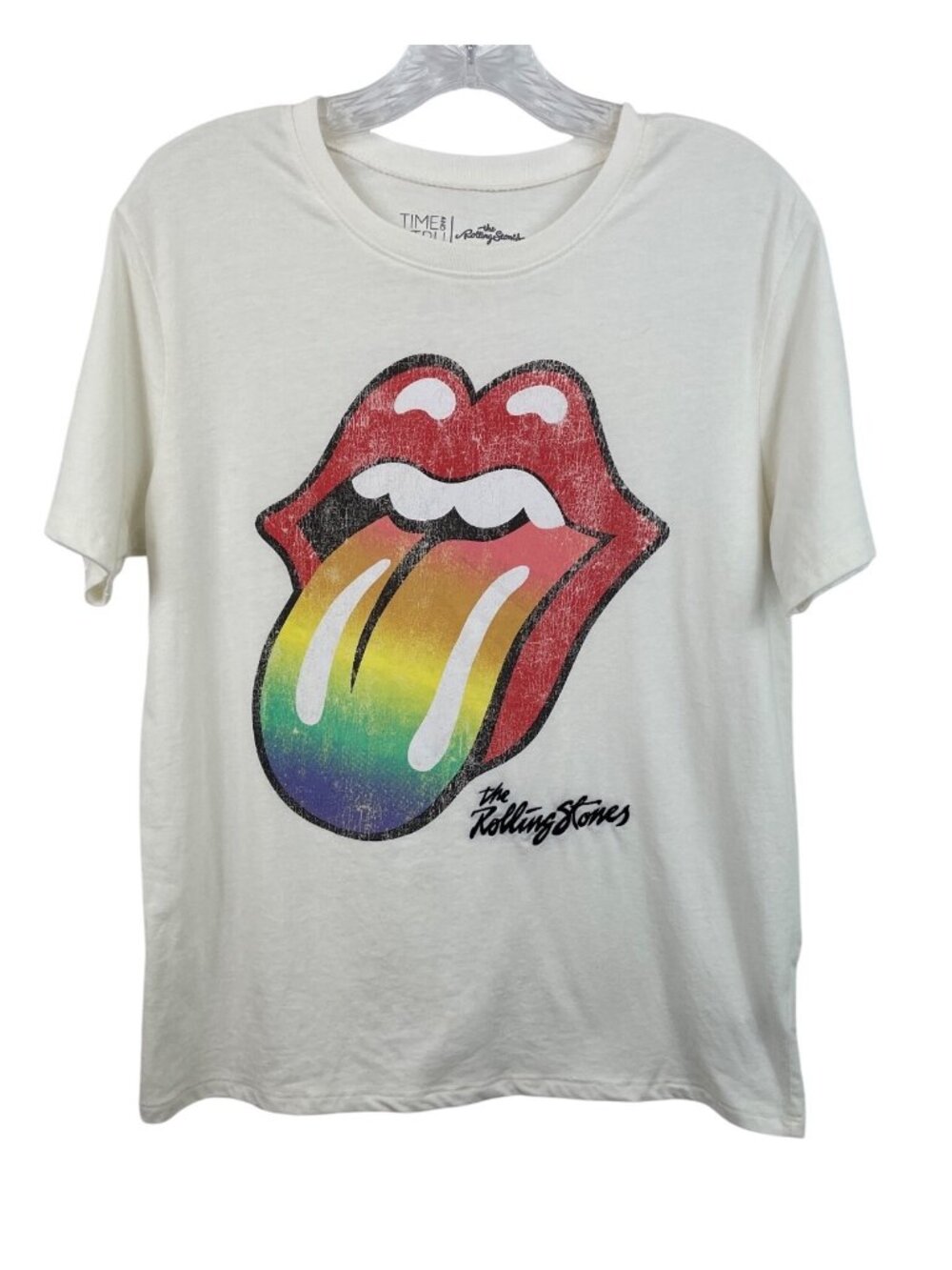 Time And Tru The Rolling Stones XS White Graphic T-Shirt Rainbow Tongue Logo